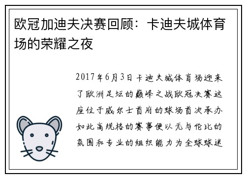 欧冠加迪夫决赛回顾：卡迪夫城体育场的荣耀之夜